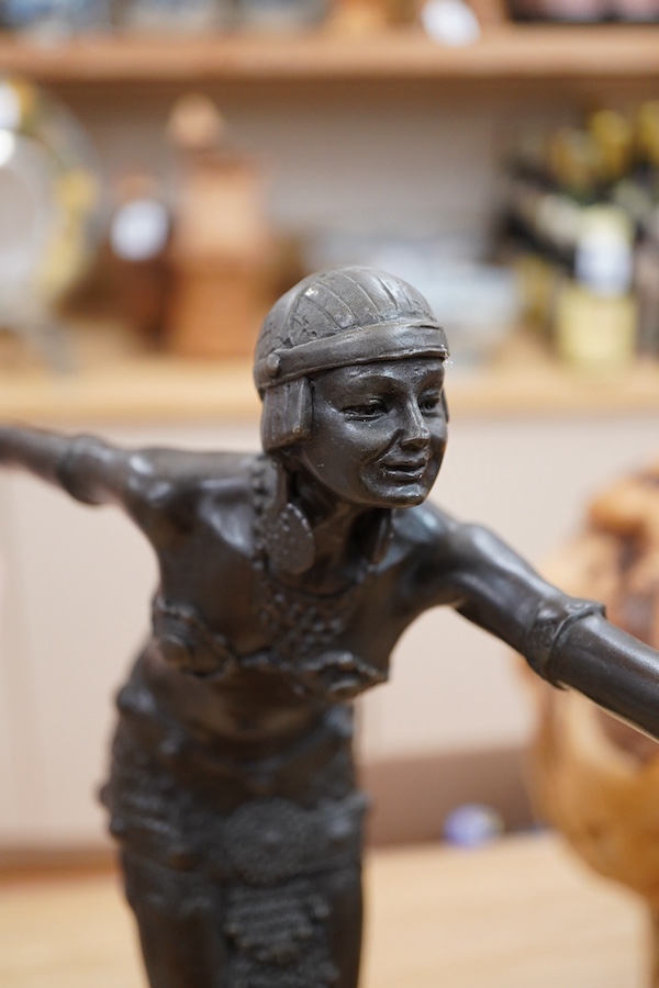 After Demétre Haralamb Chiparus (1886–1947), an Art Deco style bronze of a dancing lady, raised on stepped marble base, 48cm high